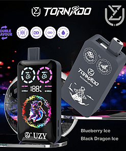 Two electronic vape devices branded Tornado UZY on a futuristic background, featuring digital screens, flavor selection icons, and labeled with flavors Blueberry Ice and Black Dragon Ice.