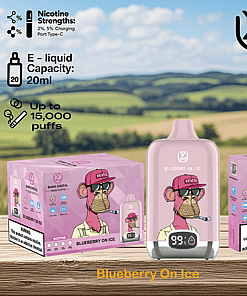 Bang Digital Blueberry On Ice disposable vape device and packaging featuring a cartoon monkey in a pink cap and sunglasses, with product strengths, 20ml e-liquid capacity, up to 15,000 puffs, and a nicotine warning, set against a blurred countryside background.
