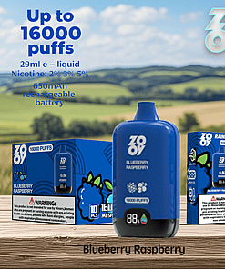 Blueberry Raspberry vape device and packaging displayed on a wooden surface, set against a scenic countryside background, highlighting features like 16,000 puffs, 29ml e-liquid, multiple nicotine strengths, and a 650mAh rechargeable battery.