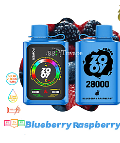 Two blue ZOOY vape devices in front of a background of blueberries and raspberries, with product attributes like 28,000 puffs, 32ml pre-filled liquid, and various nicotine strengths highlighted, and the flavor labeled as Blueberry Raspberry.