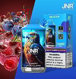 JNR Falcon vape product with mixed berries in the background, featuring an eagle illustration on the packaging and a nicotine warning label.