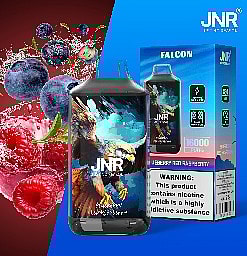 JNR Falcon disposable vape device and packaging featuring an eagle illustration, with blueberries and raspberries in the background and a nicotine warning label on the box.