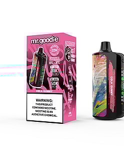 Mr. Goodie Cola Gummy disposable vape device and packaging with graffiti-style artwork, pink accents, and nicotine warning label.