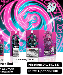 Promotional image for ZOOY disposable vape in Cranberry Grape flavor, showing the vape device, individual packaging, and a box of 10 with a colorful skull design against a neon pink and teal background; key details highlighted include 26ml pre-filled e-liquid, up to 15,000 puffs, 650mAh rechargeable battery, and nicotine options of 2%, 3%, or 5%.