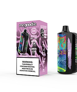 Mr. Goodie Cranberry P. Lemon disposable vape device and its purple packaging featuring colorful graffiti-style artwork, product details, and a nicotine warning label.