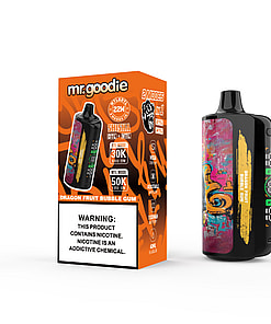 Mr. Goodie branded e-cigarette device and packaging labeled Dragon Fruit Bubble Gum, featuring colorful abstract artwork and clearly displaying health warning about nicotine addiction.