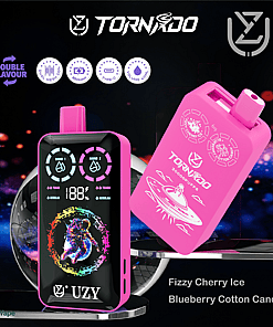 Promotional image for the Tornado UZY vape device in pink, featuring a digital display with astronaut graphic, dual flavor system, and labeled flavors Fizzy Cherry Ice and Blueberry Cotton Candy.