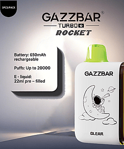 GAZZBAR Turbo Rocket disposable vape device with green mouthpiece, astronaut illustration on the front, and product specifications including 650mAh rechargeable battery, up to 20,000 puffs, and 22ml pre-filled e-liquid.