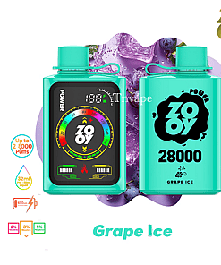 Two turquoise ZOOY branded disposable vape devices labeled 'Grape Ice' with graphic dials and 28,000 puff capacity, shown with icy grape imagery and product features like 32ml liquid and various nicotine strengths.