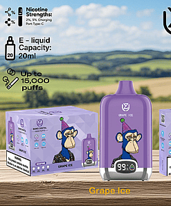 Purple Grape Ice vape device with a cartoon ape wearing a party hat, shown alongside branded packaging and informational text about nicotine strength, e-liquid capacity, and puff count, set against a blurred countryside landscape.