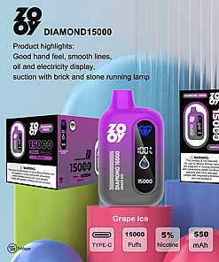 Promotional image for ZOOY Diamond 15000 Grape Ice disposable vape, featuring a purple device with digital display, branding, product specifications, packaging, 21+ age restriction, and safety warning.