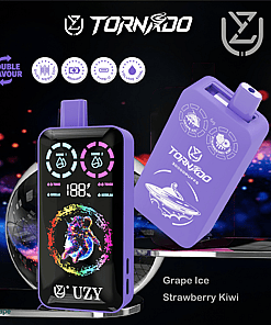 Tornado branded vape device with a digital display and purple exterior, featuring double flavor options of Grape Ice and Strawberry Kiwi, and labeled with 30000 puffs.