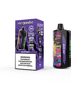 Mr. Goodie disposable vape device and packaging for the Grape Mint flavor, featuring a colorful, graffiti-style design and prominent nicotine warning label.