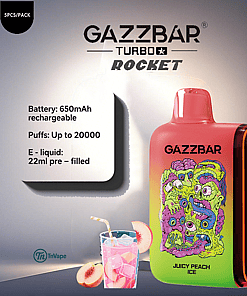Colorful Gazzbar Turbo Rocket vape device with a cartoon monster design and 'Juicy Peach Ice' flavor, shown with a glass of peach drink, peach slices, and product specifications including 650mAh rechargeable battery, up to 20,000 puffs, and 22ml pre-filled e-liquid.