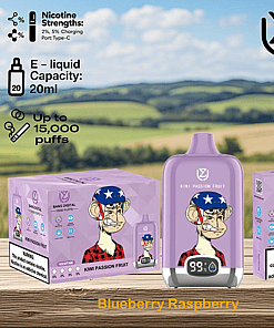 Product image of Bang Digital Kiwi Passion Fruit disposable vape featuring a cartoon ape with an American flag helmet on a purple device, highlighting 15,000 puffs, 20ml e-liquid capacity, nicotine strengths, and warning labels, set against a blurred countryside background.
