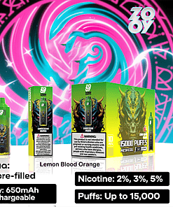 Promotional image for Zovoo vape with Lemon Blood Orange flavor, featuring a green vape device, product boxes with a mythical horned creature design, and highlighted product details such as 26ml pre-filled e-liquid, 650mAh rechargeable battery, up to 15,000 puffs, and nicotine strengths of 2%, 3%, or 5%, set against a neon spiral background with a ram image.