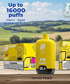 Yellow Zooy Lemon Peach vape device and packaging on a wooden surface with a scenic countryside background, highlighting product features including 16,000 puffs, 29ml e-liquid, various nicotine strengths, and a 650mAh rechargeable battery.