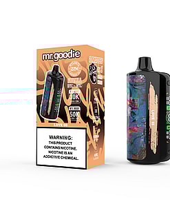 Mr. Goodie branded vape device with abstract colorful design and its orange packaging box displaying product features, flavor name 'Love 66', and a nicotine warning label.