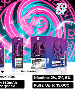 Promotional image for ZOVOO Mad Berries disposable vape featuring a purple and blue background with a glowing demon graphic, product packaging, and highlighted features like 26ml pre-filled e-liquid, rechargeable 650mAh battery, nicotine strengths of 2%, 3%, or 5%, and up to 15,000 puffs.