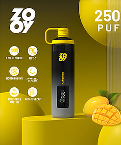 Black and yellow ZOOY branded vape device labeled 'Mango Ice' with 25,000 puffs, surrounded by mango illustrations and icons highlighting features like 0.5Ω mesh coil, Type-C charging, mouth to lung draw, animated screen, adjustable airflow, and anti-dust cap.