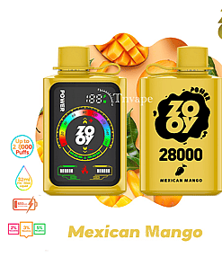 Two yellow ZOOY 28000 puff disposable vape devices with Mexican Mango flavor, featuring digital display and branding, surrounded by mango slices and product information such as puff count, battery, and nicotine options.