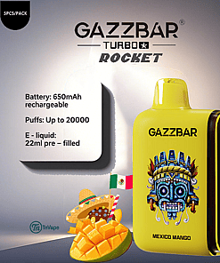 Yellow Gazzbar Turbo Rocket disposable vape labeled 'Mexico Mango,' featuring an ornate blue Aztec mask illustration, battery and e-liquid specifications, and a mango with a Mexican flag and sombrero in the foreground.