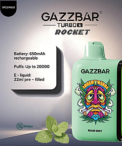 GAZZBAR Turbo Rocket Miami Mint disposable vape device with colorful illustrated face design, mint leaves, and product specifications including 650mAh battery, up to 20,000 puffs, and 22ml e-liquid.