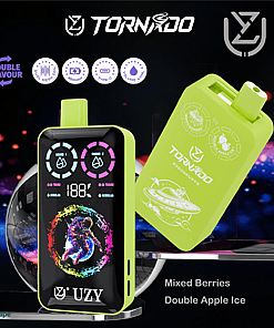 Promotional image of the Tornado vape device in neon green, featuring a digital screen with colorful graphics and astronaut illustration, branding, and flavor labels for Mixed Berries and Double Apple Ice.
