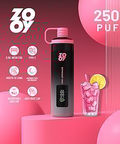 Promotional image for a Zooy vape in pink lemonade flavor, showing the vape device, a glass of pink lemonade with lemon slice, and features such as 25,000 puffs, mesh coil, Type-C charging, mouth to lung, animated screen, adjustable airflow, and anti-dust cap.