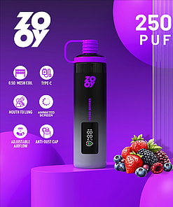 A Zooy vape device labeled 'Mixed Berries' is displayed against a purple background with a mix of berries and promotional text highlighting 25,000 puffs and features such as mesh coil, Type-C charging, airflow adjustment, animated screen, and anti-dust cap.