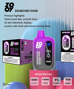Promotional image for ZOOY DIAMOND15000 disposable vape in mixed berries flavor, showing the device, packaging, product features, and specifications such as 15,000 puffs, 5% nicotine, 550mAh battery, 10ml e-liquid, and an age restriction of 21+.