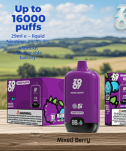 Promotional image of a Zooy Mixed Berry disposable vape with a purple device in the foreground, product packaging displaying 16,000 puffs, and key features like 29ml e-liquid, various nicotine strengths, and a 650mAh rechargeable battery, set against a rural outdoor background.