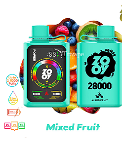 Two teal ZOOY branded vape devices labeled 'Mixed Fruit' with 28,000 puffs, shown in front of assorted colorful fruits like kiwi, berries, and orange slices.