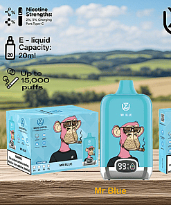 Mr Blue vape product packaging featuring a cartoon monkey with glasses smoking, displayed on a wooden table with rolling countryside hills in the background, alongside text highlighting nicotine strengths, e-liquid capacity, puff count, and health warning.