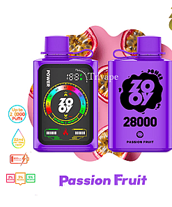 Two purple ZOOY vapes labeled 'Passion Fruit,' with a digital gauge display, set against a background of sliced passion fruit; text highlights 28,000 puffs, 32ml liquid capacity, and various nicotine strengths.