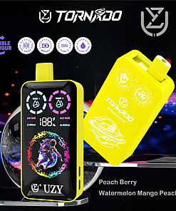 Bright yellow UZY Tornado disposable vape device with digital display, neon astronaut graphic, and flavor options of Peach Berry and Watermelon Mango Peach, shown against a dark, futuristic background.