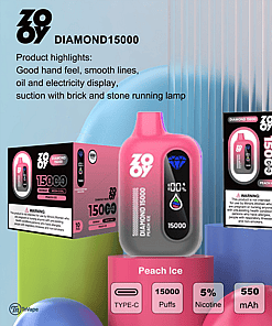 Promotional display for the ZOJOY Diamond 15000 disposable vape in peach ice flavor, showing the pink device with digital indicators, its packaging, and product details including 15,000 puffs, 5% nicotine, 550 mAh battery, and 10 ml e-liquid, with a 21+ age restriction warning.