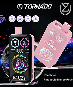 Promotional image for a pink UZY Tornado vape device with dual flavor feature, digital display, and listed flavors of Peach Ice and Pineapple Mango Peach.