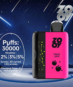 ZOOY Peach Juice vape device with a pink and black design, constellation graphic, and product specifications including 30,000 puffs, nicotine options (2%, 3%, 5%), 3D curved LED screen, and Type-C rechargeable, set against a starry night background with shooting stars.