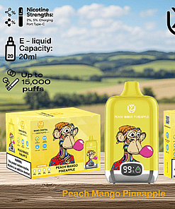 Peach Mango Pineapple flavored vape device and packaging featuring colorful cartoon monkey artwork, with icons indicating 20ml e-liquid capacity, up to 15,000 puffs, 2% and 5% nicotine strengths, and a nicotine warning, set against a blurred rural landscape background.