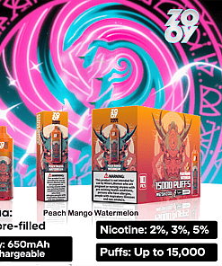 Zoy disposable vape packaging and device in peach mango watermelon flavor, with key features listed including 26ml pre-filled e-liquid, 650mAh rechargeable battery, mesh coil, nicotine strengths of 2%, 3%, and 5%, and up to 15,000 puffs, set against a colorful neon pink and teal background with abstract design elements.