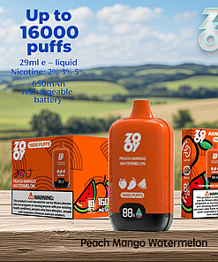 Peach Mango Watermelon Zov disposable vape device with packaging, featuring product details such as 16,000 puffs, 29ml e-liquid, 650mAh rechargeable battery, and a scenic countryside background.