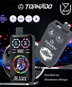 Promotional image for the Tornado UZY vape device featuring a digital screen and colorful astronaut graphic, highlighting double flavor options of Red Bull Ice and Strawberry Mango, with icons indicating features like dual mesh, 850mAh battery, Type-C charging, and low volume.