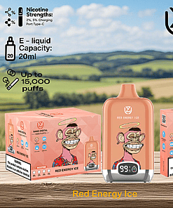 Promotional image for Bang Digital Red Energy Ice vape, featuring a cartoon ape character on the packaging, product details such as 20ml e-liquid capacity, 15,000 puffs, 2% and 5% nicotine strengths, and a warning that the product contains nicotine, with a blurred countryside background.