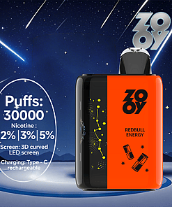 ZOOY Redbull Energy vape device with bright orange and black design, displaying key features like 30,000 puffs, multiple nicotine strengths, a 3D curved LED screen, and Type-C rechargeable in a futuristic night sky setting with shooting stars.