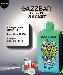 Product advertisement for GAZZBAR Turbo Rocket disposable vape in sour apple ice flavor, showing the device with a colorful monster graphic, product specifications, and icons of apple, soda can, and ice cubes.