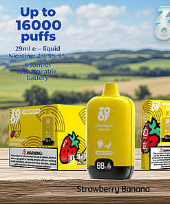 Promotional image featuring a yellow ZOOV disposable vape device and packaging with strawberry and banana flavors, advertising up to 16,000 puffs, nicotine strengths, and a 650mAh rechargeable battery, set against a scenic outdoor landscape.