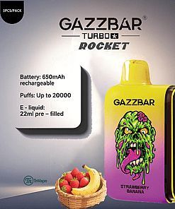 Gazzbar Turbo Rocket disposable vape device in yellow and pink with a monster face illustration, labeled 'Strawberry Banana' flavor, shown alongside product specifications and a basket of strawberries and bananas.