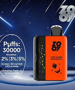 ZOOY branded strawberry banana ice vape device with orange and black design, shown in a futuristic night sky setting with text highlighting 30,000 puffs, nicotine options, 3D curved LED screen, and Type-C rechargeable charging.