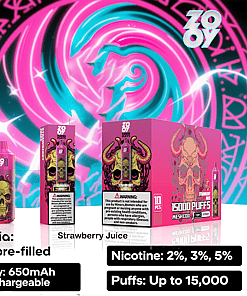 Promotional image for a Zovoo vape featuring product packaging with a green skull design, neon pink and turquoise background, and text highlighting features such as 26ml pre-filled liquid, 650mAh rechargeable battery, strawberry juice flavor, nicotine options (2%, 3%, 5%), and up to 15,000 puffs.